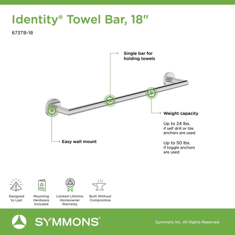 Symmons 673TB-18 Identity 18 in. Wall-Mounted Towel Bar in Polished Chrome - Image 3
